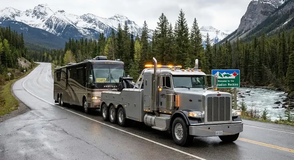 Windsor heavy-duty tow truck with RV in transport