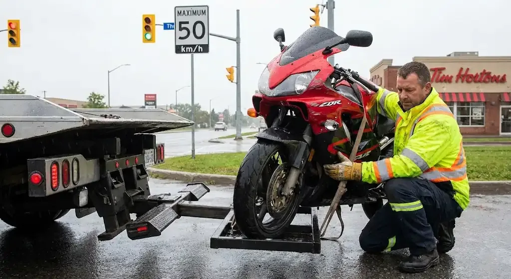 Windsor motorcycle being safely loaded for transport