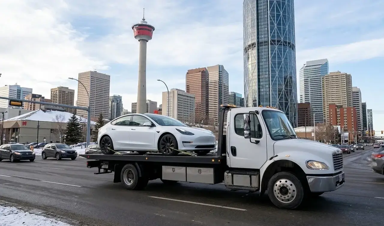 Windsor electric vehicle on flatbed transport